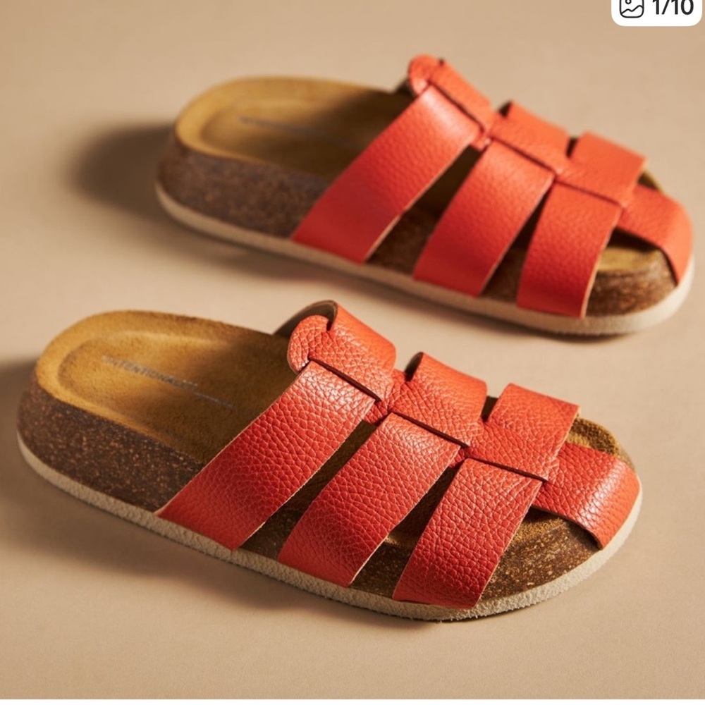 INTENTIONALLY BLANK Orangey Red Leather Strappy Slide Sandals